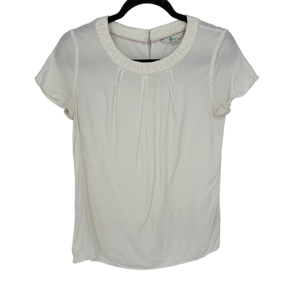 Boden White‎ Crewneck Blouse Short Sleeve Pleated Feminine Minimalist Size 4 EUC